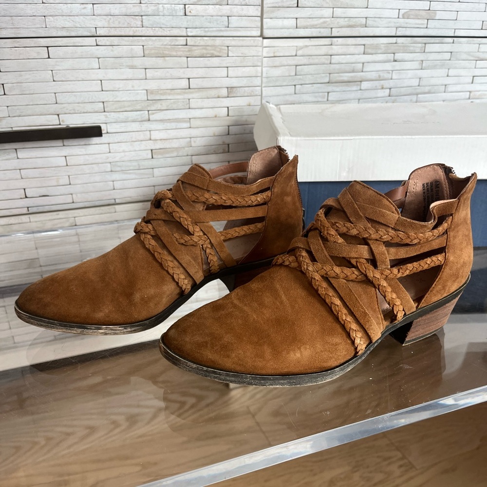 Caslon Brown Suede Ankle Booties with Braided Straps